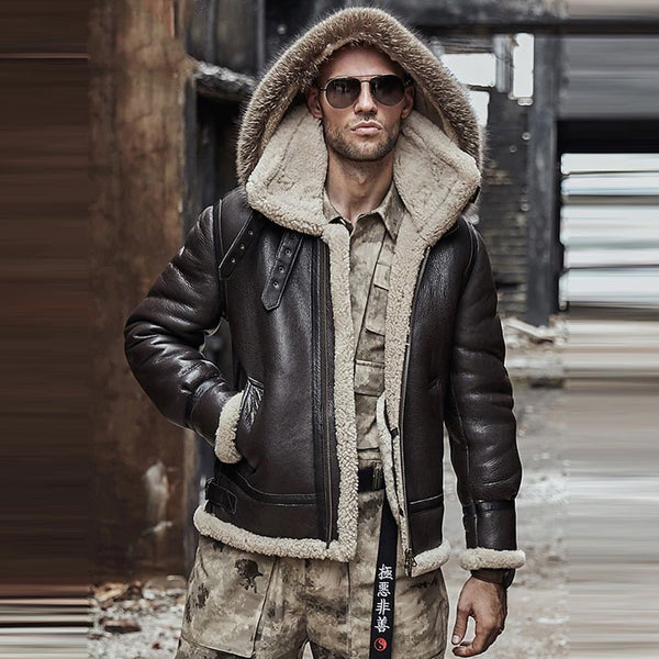 Mens Brown Hooded B3 RAF Aviator Sheepskin Shearling Leather Jacket - Rare Leather