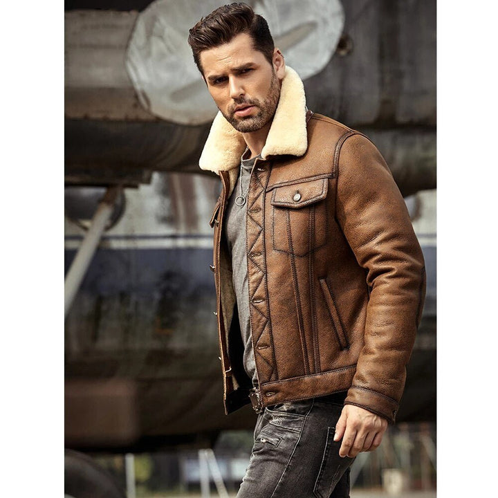 Mens Brown RAF B3 Sheepskin Trucker Shearling Leather Jacket - Rare Leather