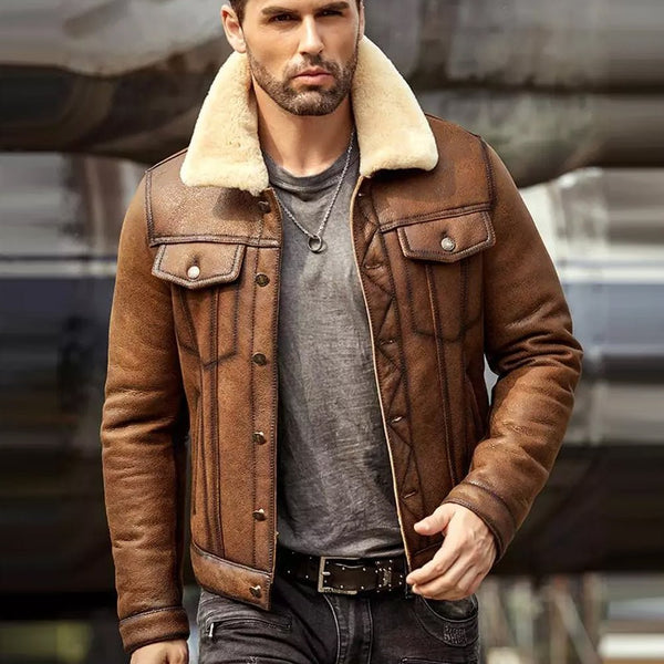 Mens Brown RAF B3 Sheepskin Trucker Shearling Leather Jacket - Rare Leather