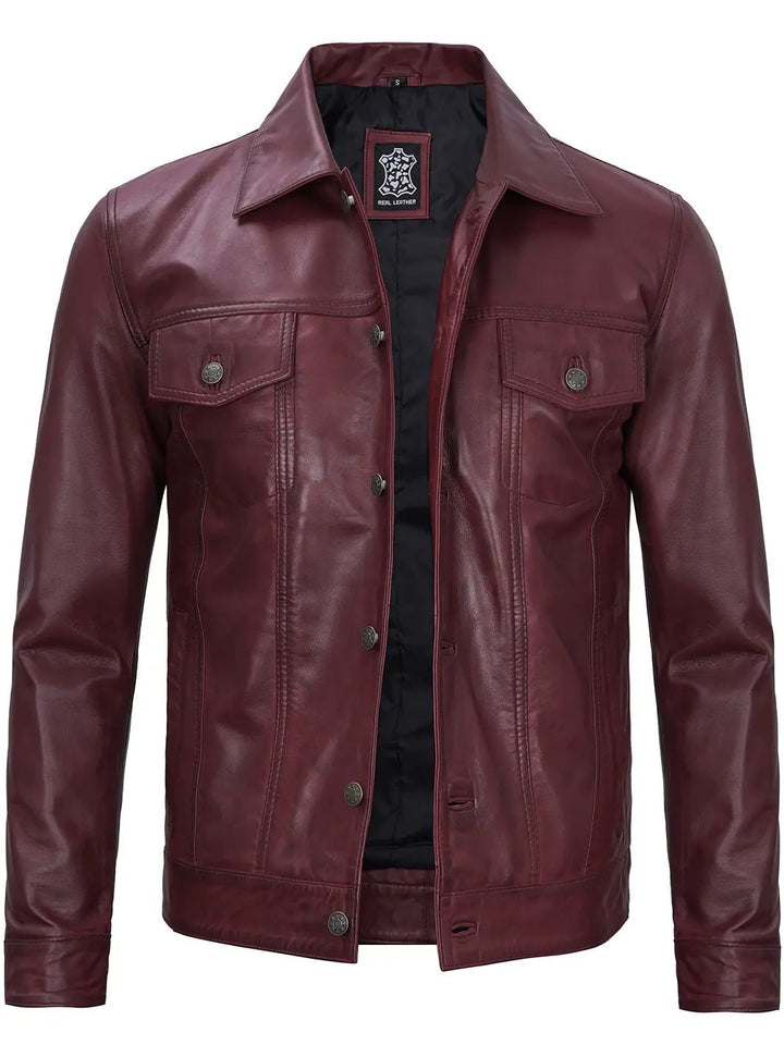 Men's Burgundy Real Leather Trucker Jacket - Rare Leather
