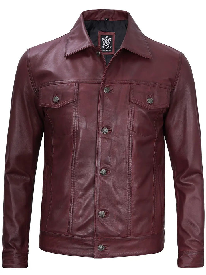 Men's Burgundy Real Leather Trucker Jacket - Rare Leather