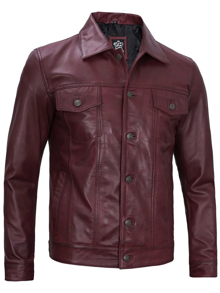 Men's Burgundy Real Leather Trucker Jacket - Rare Leather