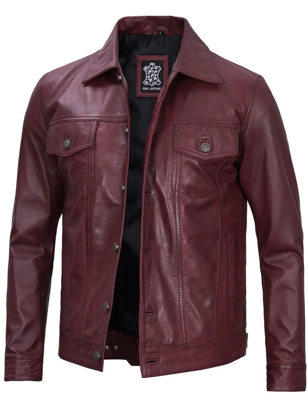 Men's Burgundy Real Leather Trucker Jacket - Rare Leather