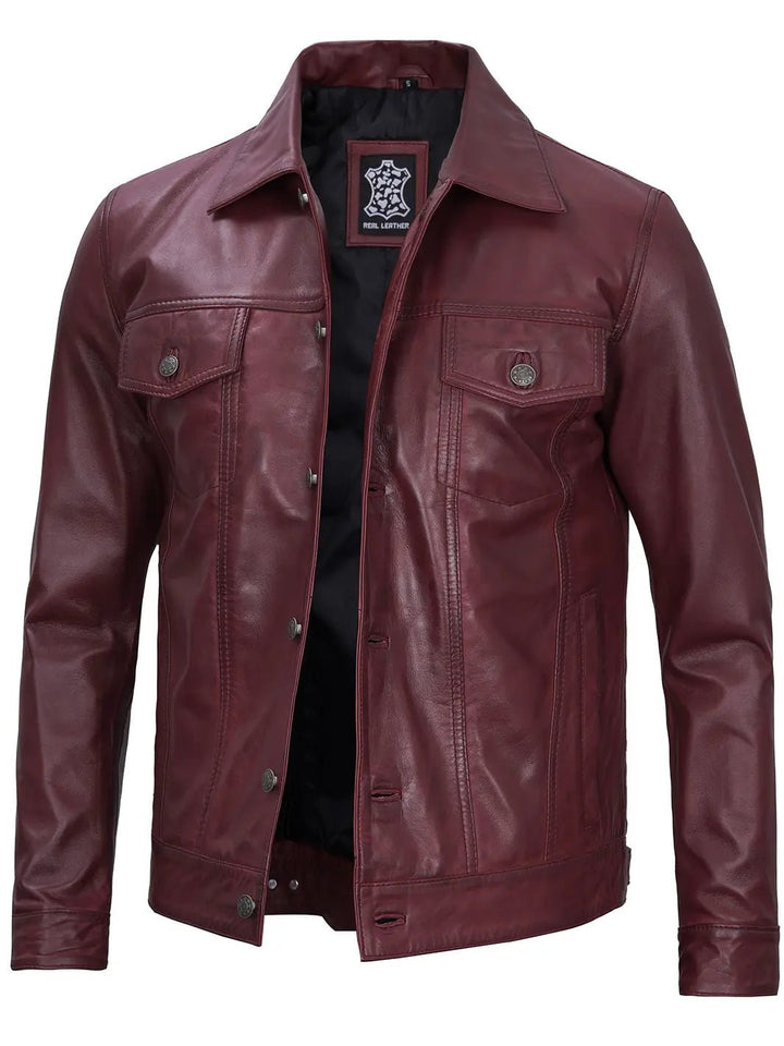 Men's Burgundy Real Leather Trucker Jacket - Rare Leather