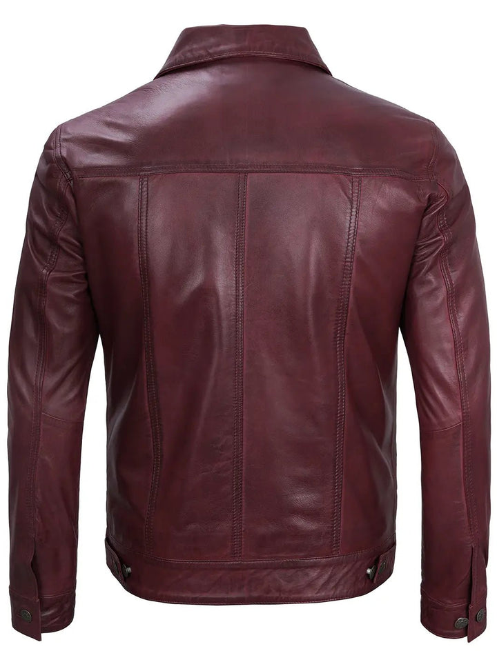Men's Burgundy Real Leather Trucker Jacket - Rare Leather