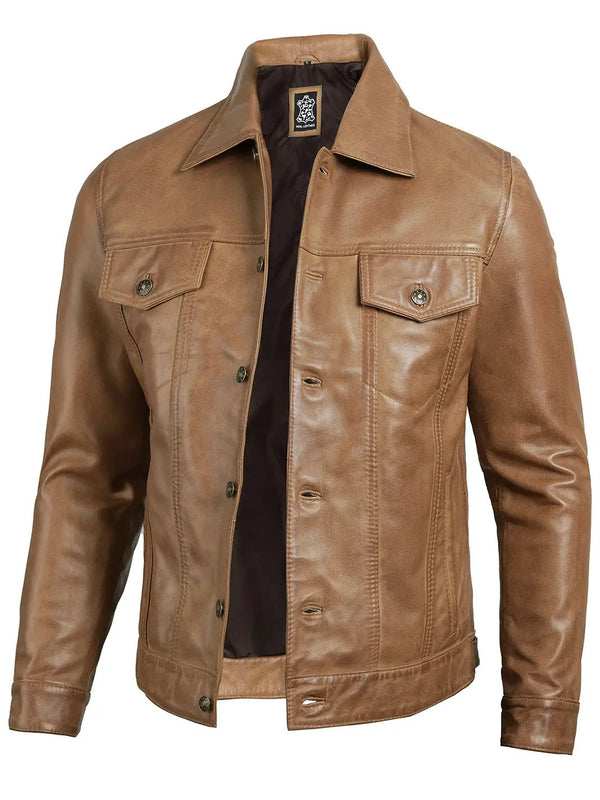 Men's Camel Brown Leather Trucker Jacket - Rare Leather