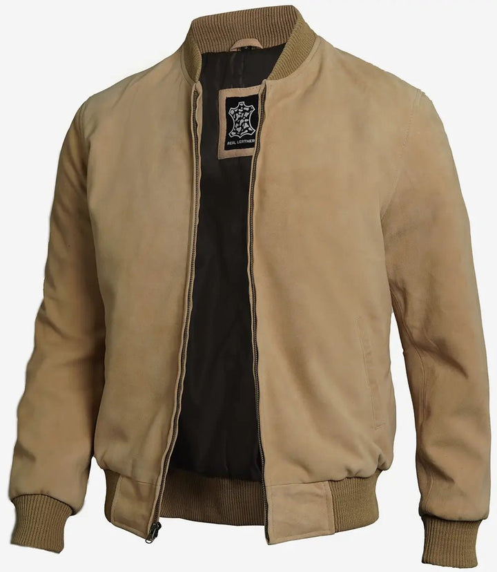 Men's Camel Brown Suede Bomber Jacket - Rare Leather