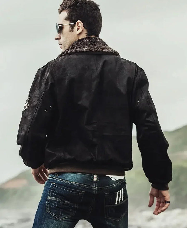 Mens Dark Brown Aviator Bomber Leather Jacket with Fur collar - Rare Leather