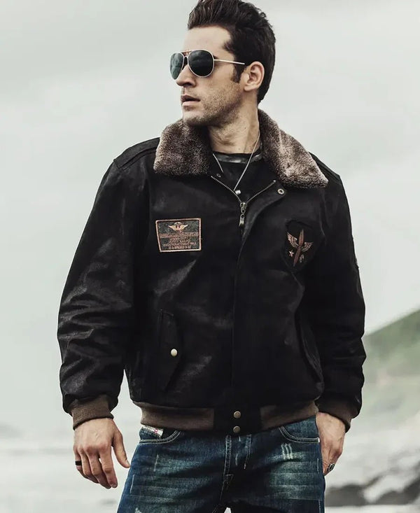 Mens Dark Brown Aviator Bomber Leather Jacket with Fur collar - Rare Leather