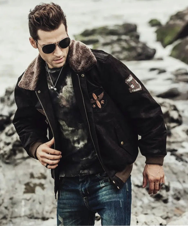 Mens Dark Brown Aviator Bomber Leather Jacket with Fur collar - Rare Leather