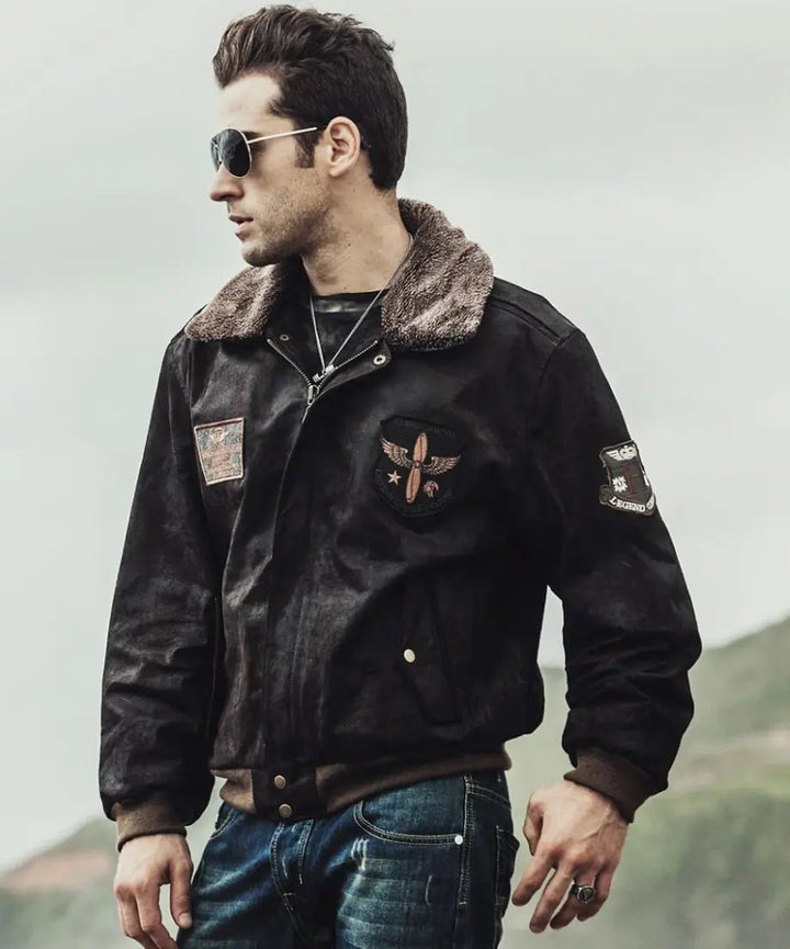 Mens Dark Brown Aviator Bomber Leather Jacket with Fur collar - Rare Leather