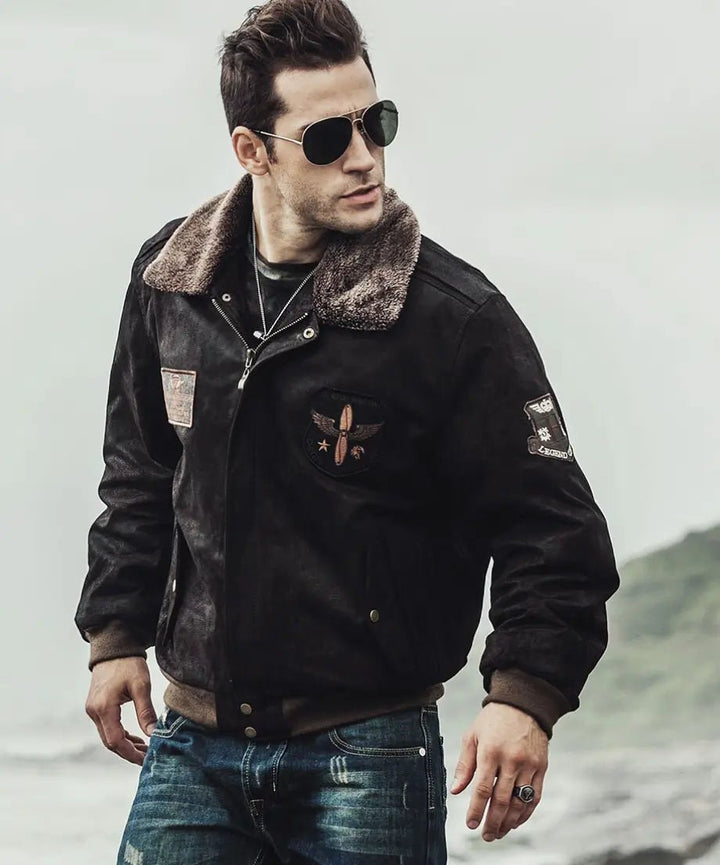 Mens Dark Brown Aviator Bomber Leather Jacket with Fur collar - Rare Leather