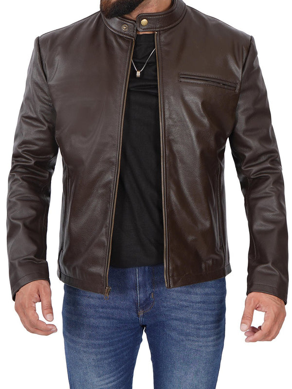 Mens Dark Brown Cowhide Cafe Racer Leather Jacket - Rare Leather
