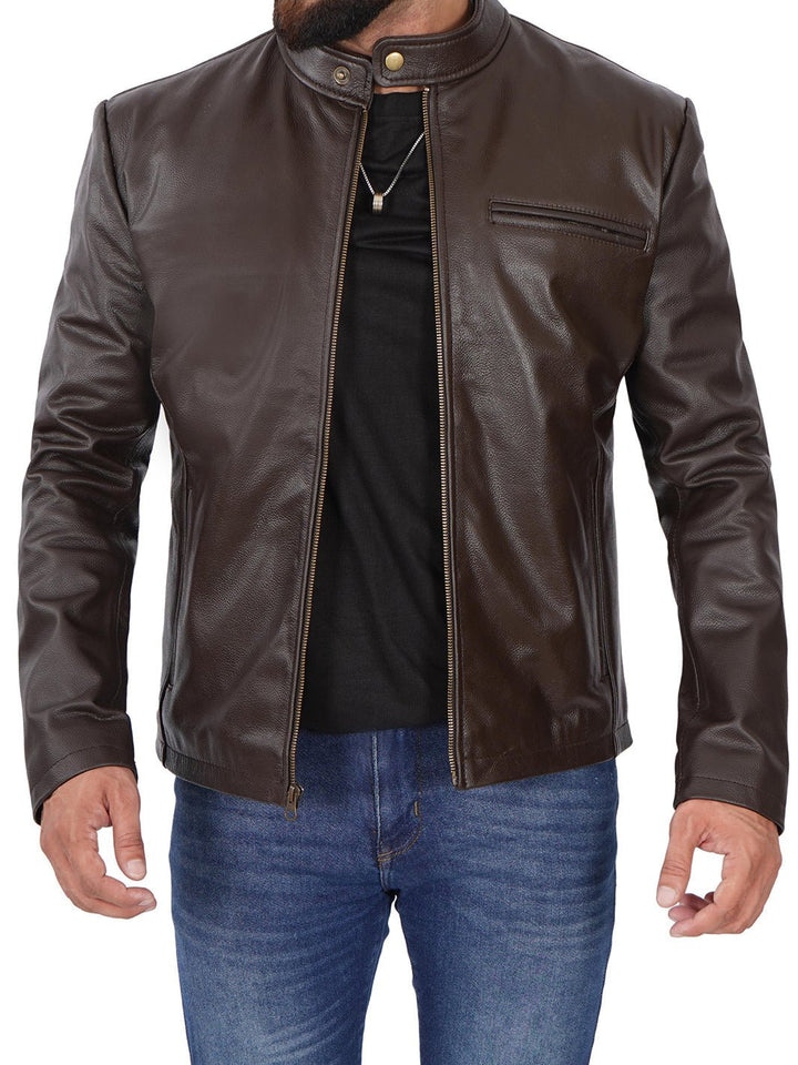 Mens Dark Brown Cowhide Cafe Racer Leather Jacket - Rare Leather