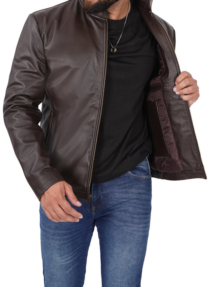 Mens Dark Brown Cowhide Cafe Racer Leather Jacket - Rare Leather