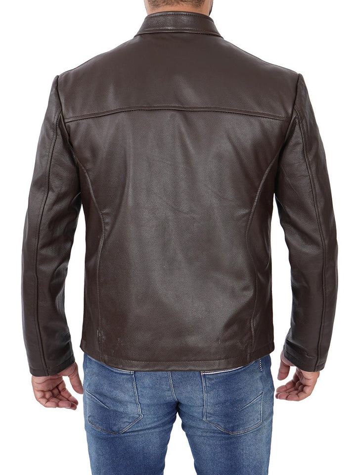 Mens Dark Brown Cowhide Cafe Racer Leather Jacket - Rare Leather