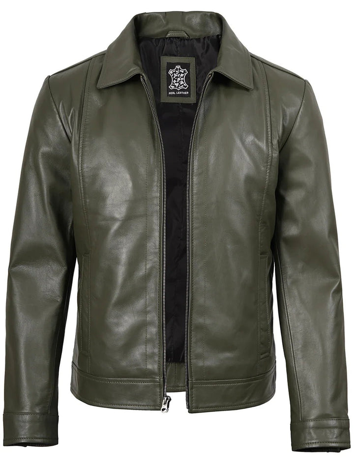 Men's Dark Green Harrington Leather Jacket - Rare Leather