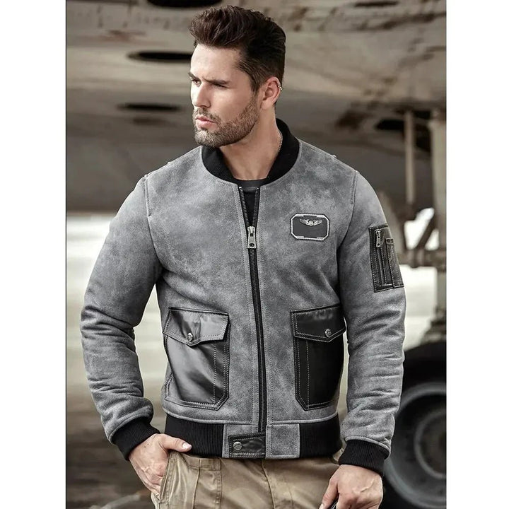 Men's Grey A2 Airforce Flight Sheepskin Shearling Motorcycle Jacket - Rare Leather