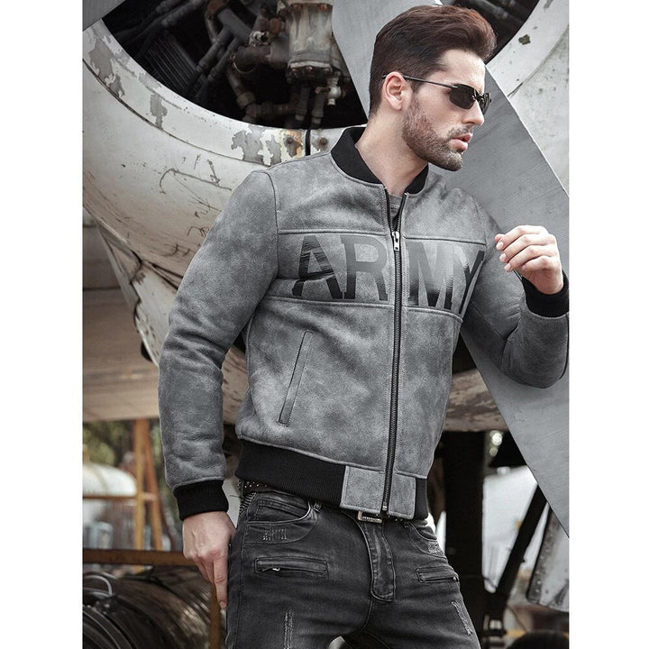 Mens Grey Sheepskin Army Shearling Bomber Jacket - Rare Leather