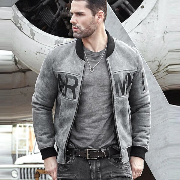 Mens Grey Sheepskin Army Shearling Bomber Jacket - Rare Leather