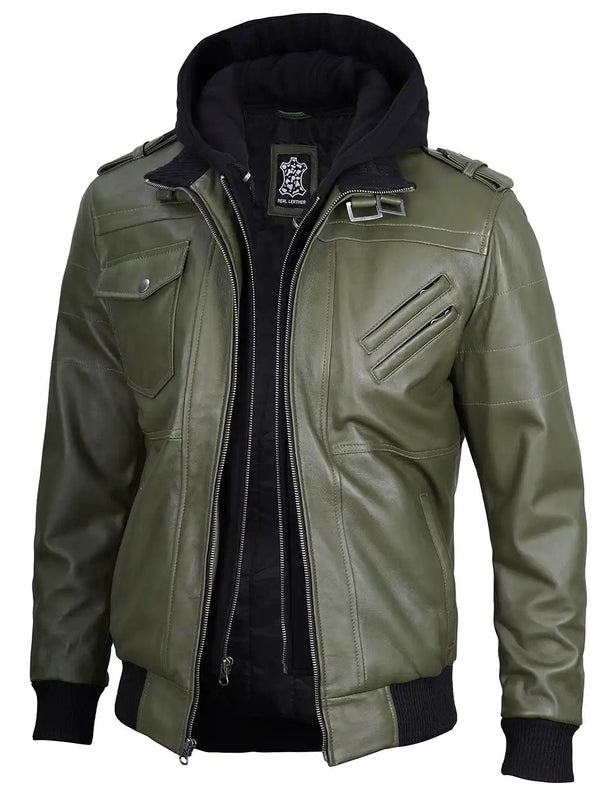 Men's Military Green Leather Jacket with Removable Hood - Rare Leather