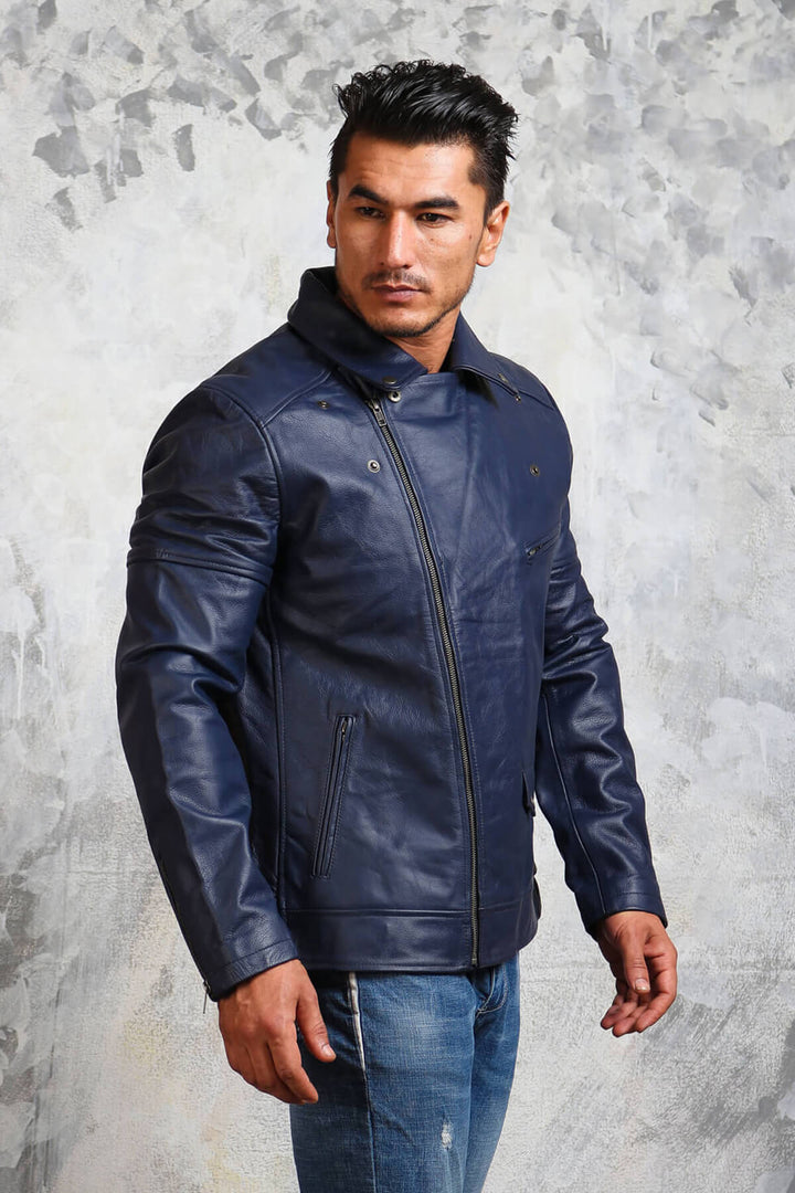 Men's Motorcycle Blue Leather Jacket - Rare Leather