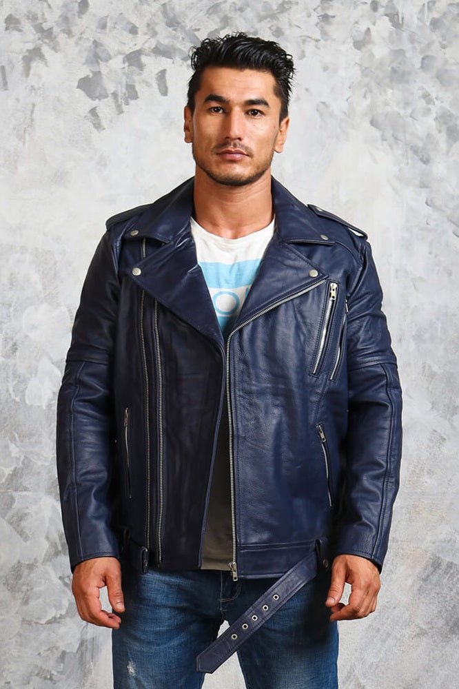 Men's Motorcycle Blue Leather Jacket - Rare Leather