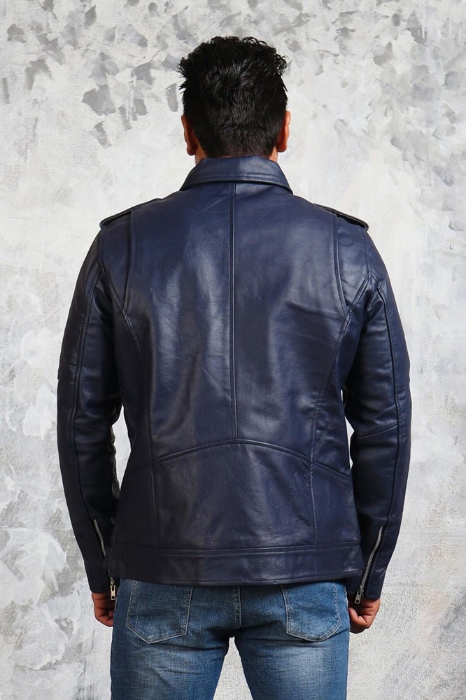 Men's Motorcycle Blue Leather Jacket - Rare Leather