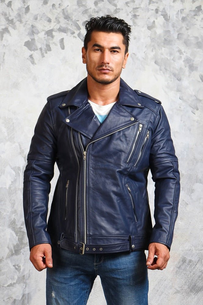 Men's Motorcycle Blue Leather Jacket - Rare Leather