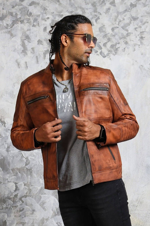 Men's Perforated Brown Leather Biker Jacket - Rare Leather