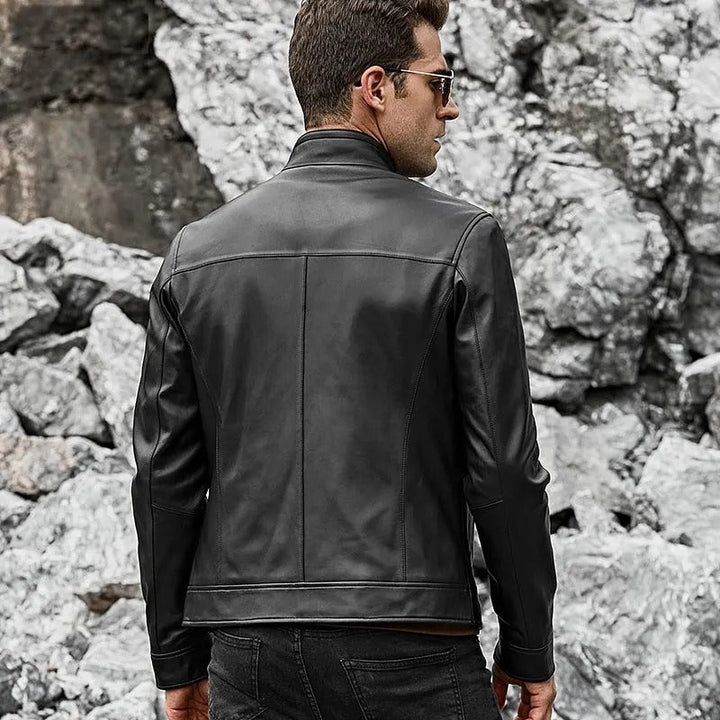 Men’s Real Black Leather Jacket with Short Standing Collar - Rare Leather