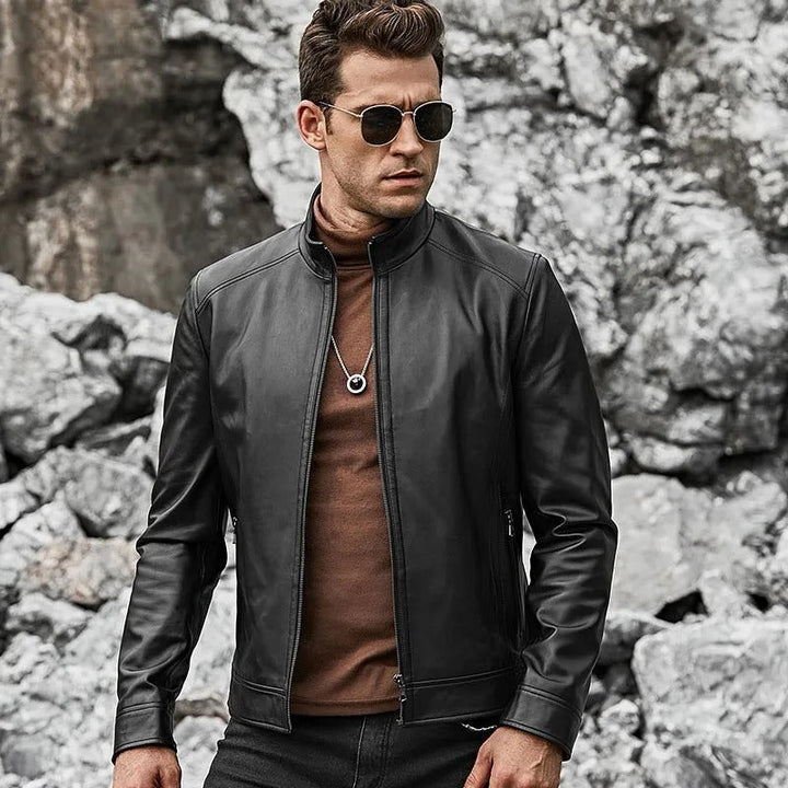 Men’s Real Black Leather Jacket with Short Standing Collar - Rare Leather