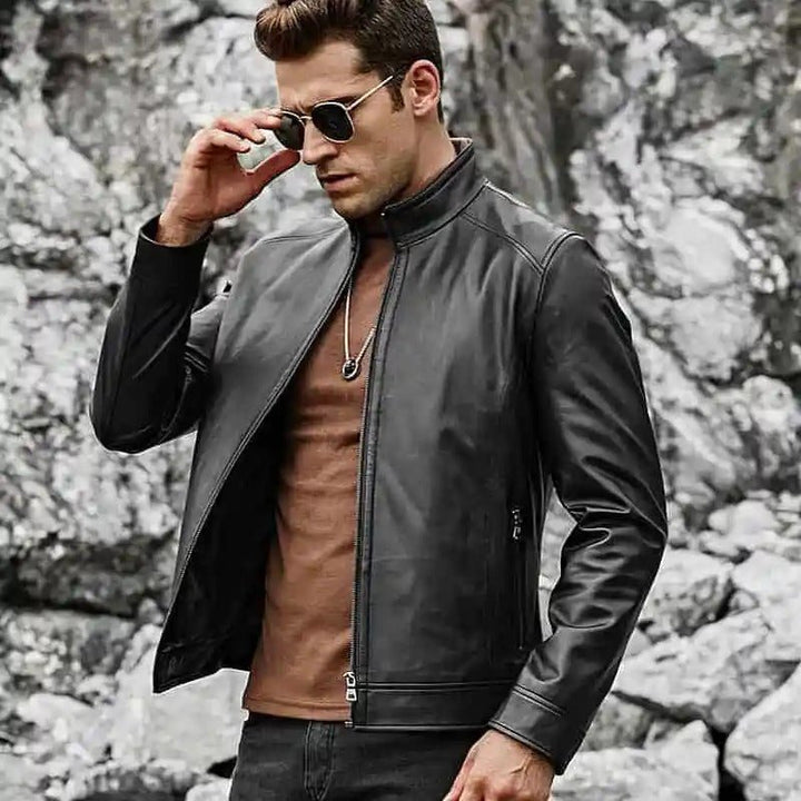 Men’s Real Black Leather Jacket with Short Standing Collar - Rare Leather