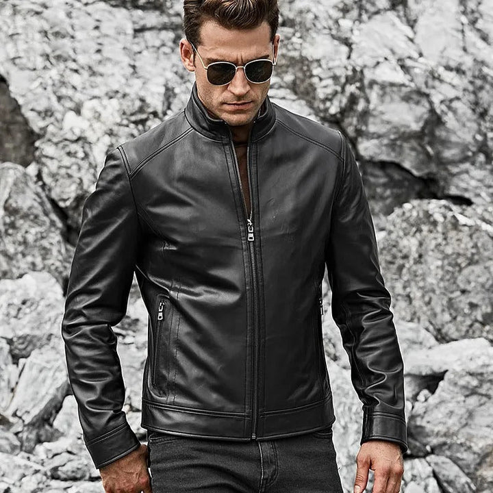 Men’s Real Black Leather Jacket with Short Standing Collar - Rare Leather
