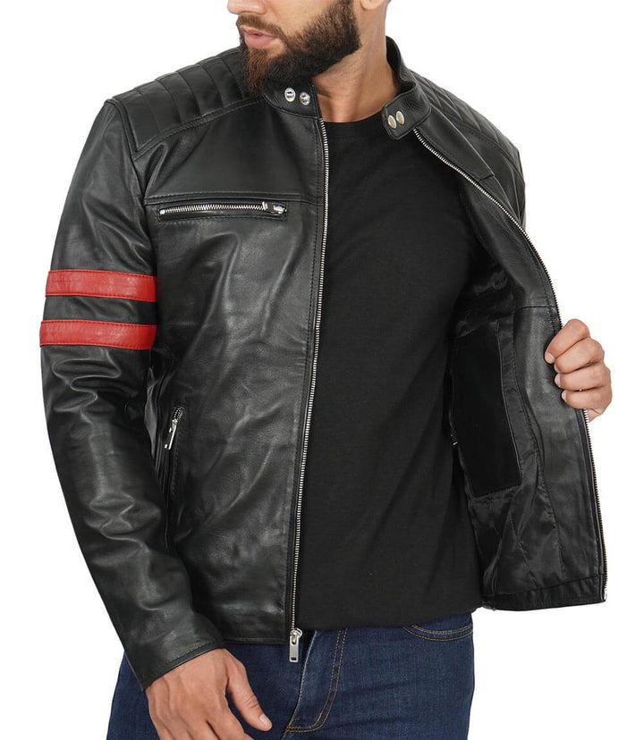 Men’s Red Stripe Cafe Racer Leather Jacket - Rare Leather