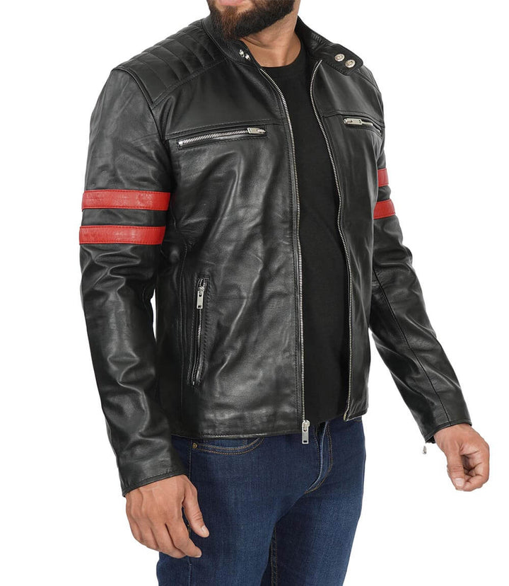 Men’s Red Stripe Cafe Racer Leather Jacket - Rare Leather
