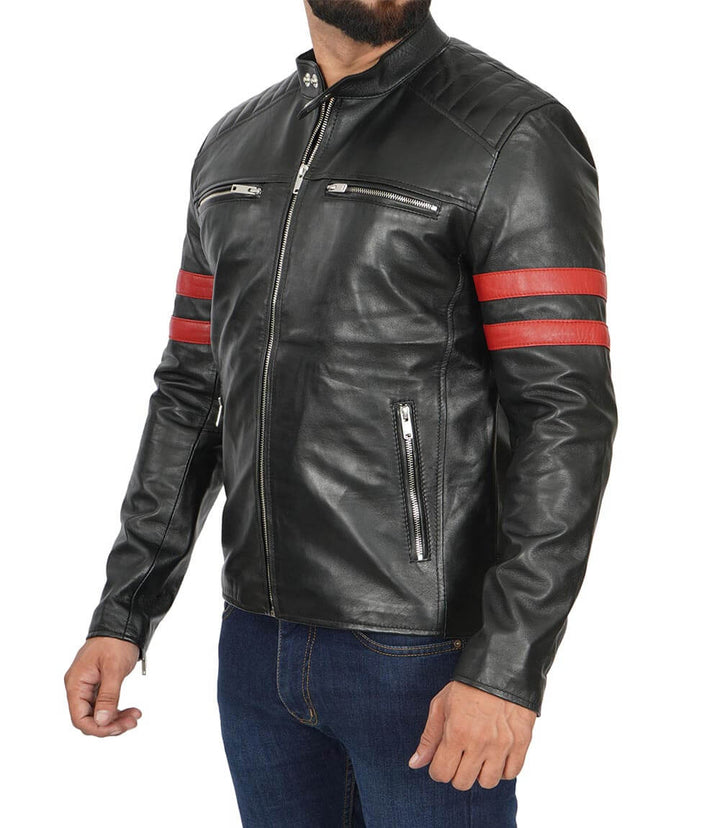 Men’s Red Stripe Cafe Racer Leather Jacket - Rare Leather