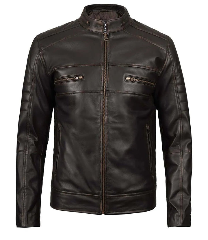 Men's Rub Off Dark Brown Cafe Racer Leather Jacket - Rare Leather