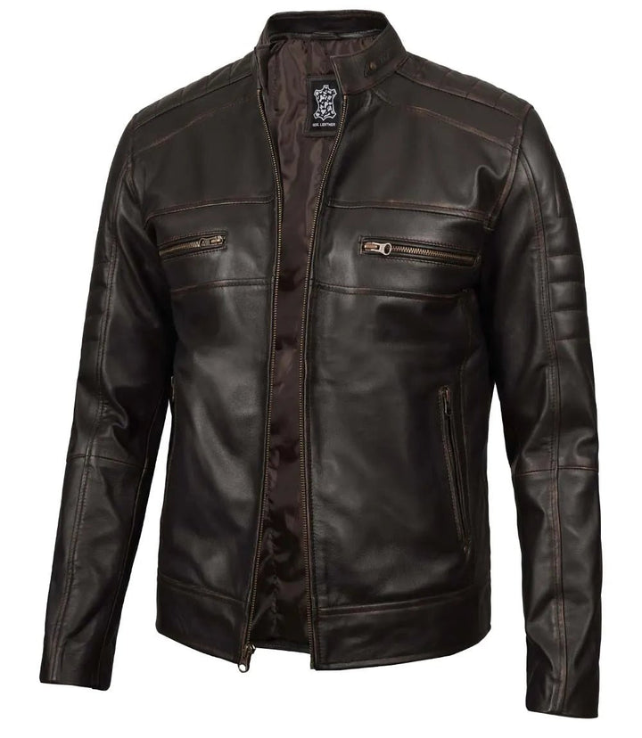 Men's Rub Off Dark Brown Cafe Racer Leather Jacket - Rare Leather