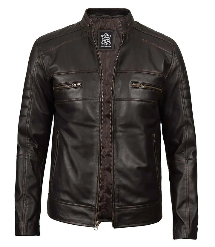 Men's Rub Off Dark Brown Cafe Racer Leather Jacket - Rare Leather