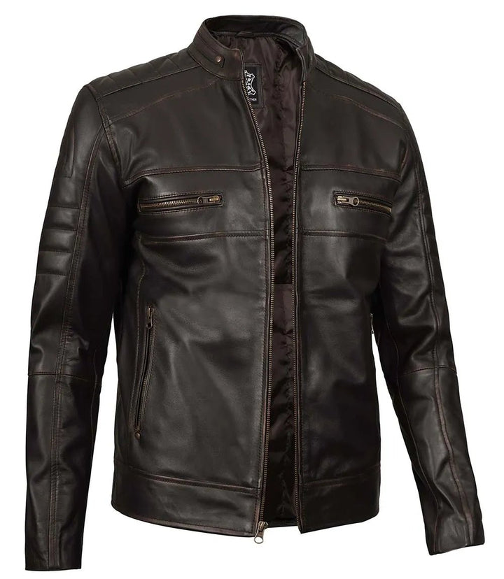 Men's Rub Off Dark Brown Cafe Racer Leather Jacket - Rare Leather