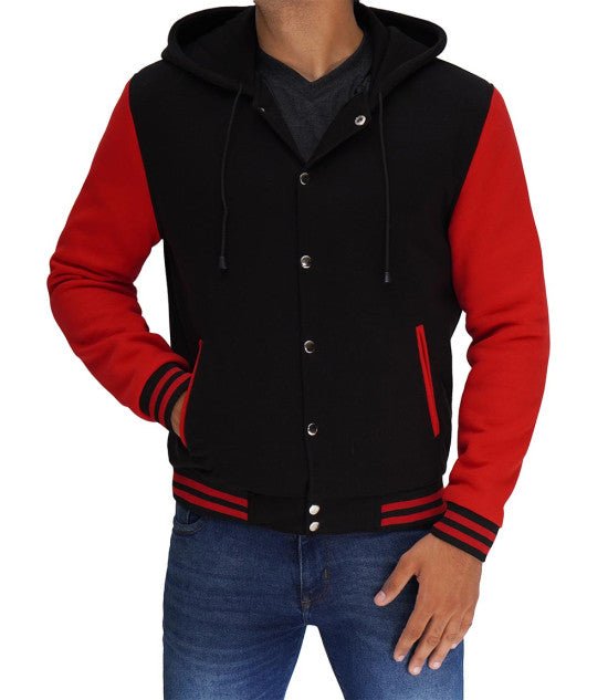 Men’s Salerno Red and Black Varsity Jacket with Hood - Rare Leather