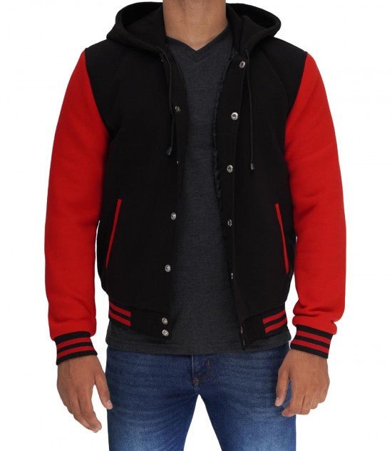 Men’s Salerno Red and Black Varsity Jacket with Hood - Rare Leather