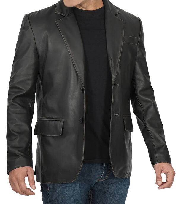 Men's Two Button Black Leather Blazer - Rare Leather