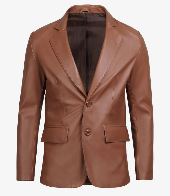 Men's Two Button Cognac Brown Leather Blazer - Rare Leather