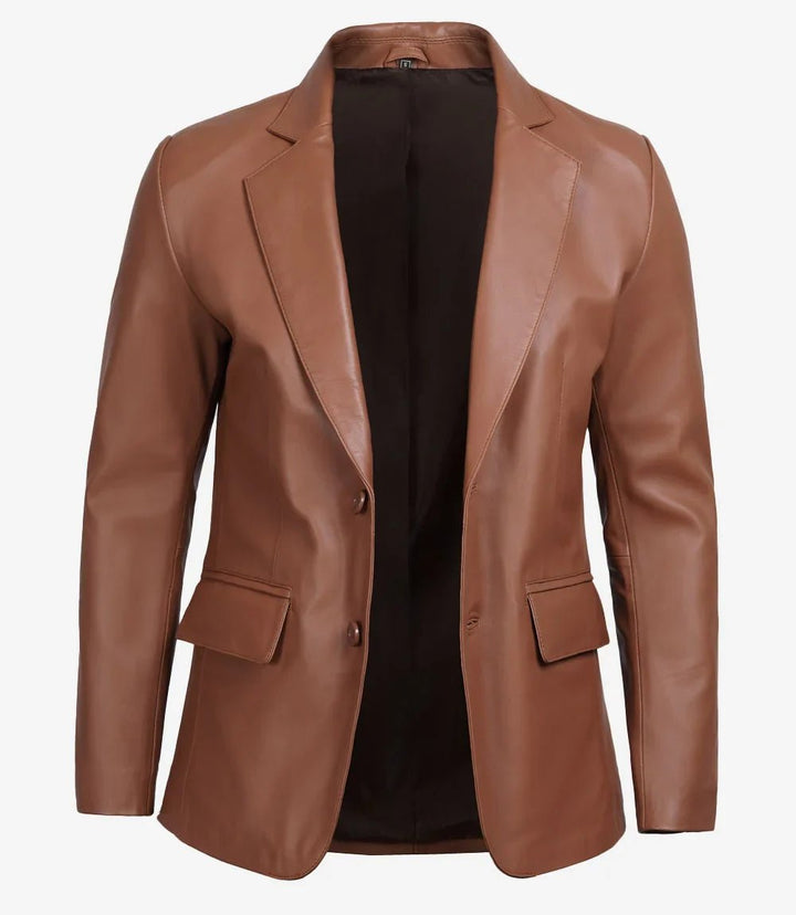 Men's Two Button Cognac Brown Leather Blazer - Rare Leather