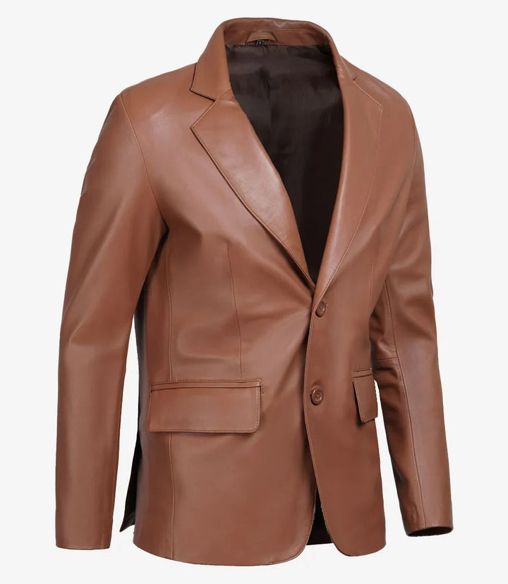 Men's Two Button Cognac Brown Leather Blazer - Rare Leather