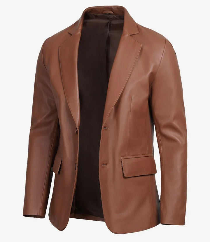 Men's Two Button Cognac Brown Leather Blazer - Rare Leather