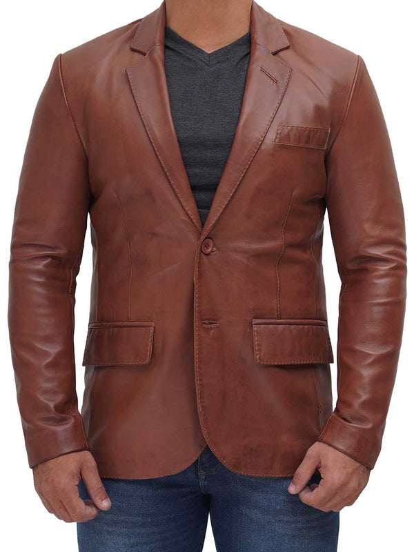 Mens Two Button Tan Brown Leather Blazer - Rare Leather