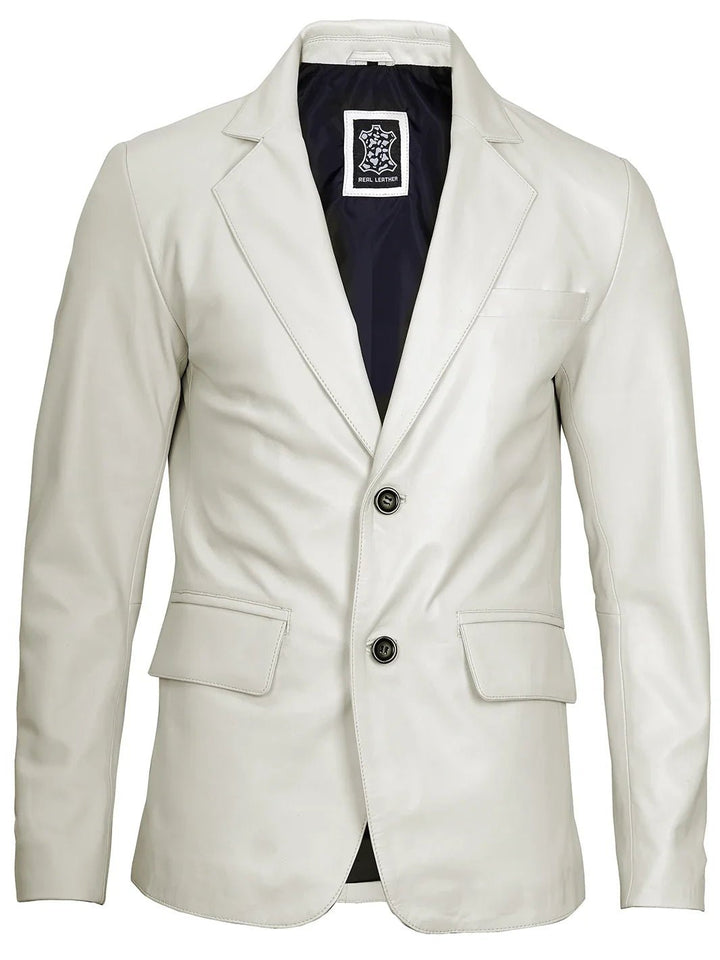 Mens Two Buttons Off White Leather Blazer - Rare Leather